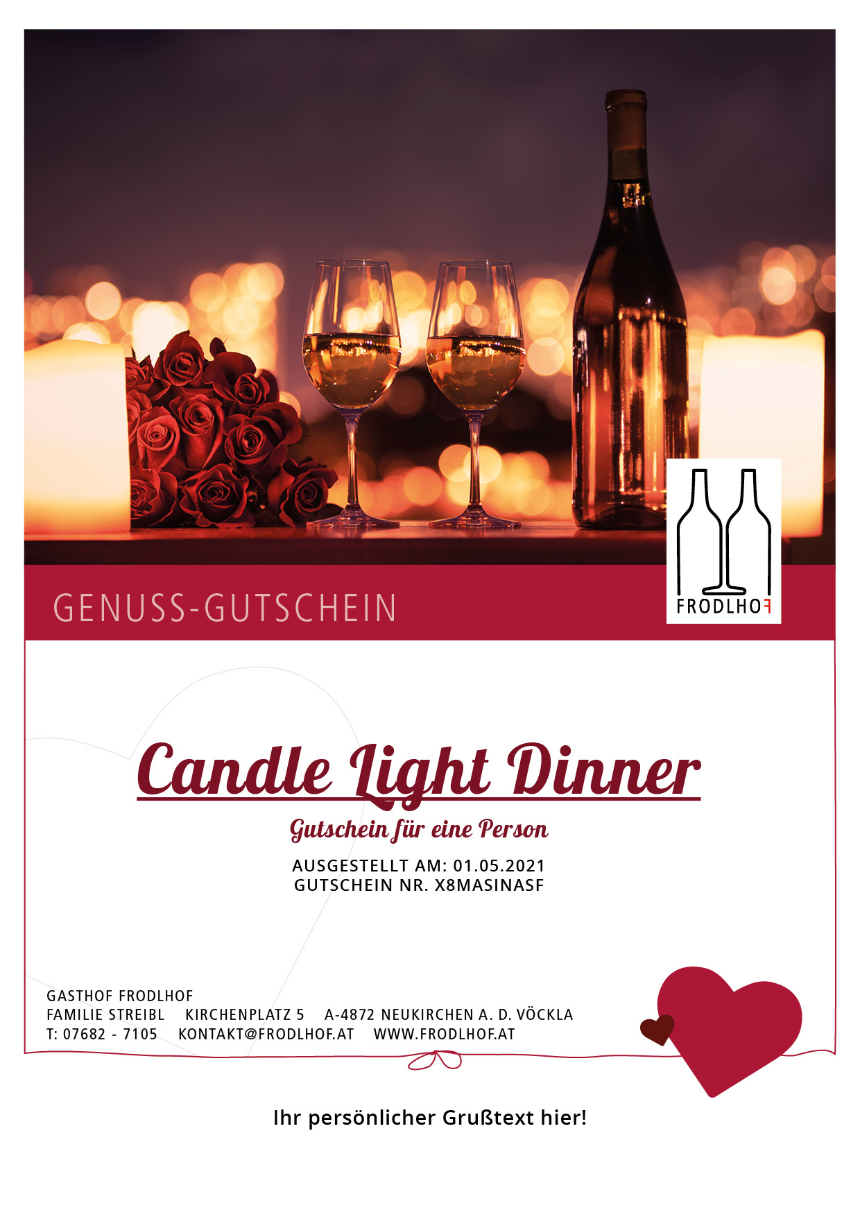 Gutschein "Candle Light Dinner für 1 Person" (ohne Weinbegleitung)